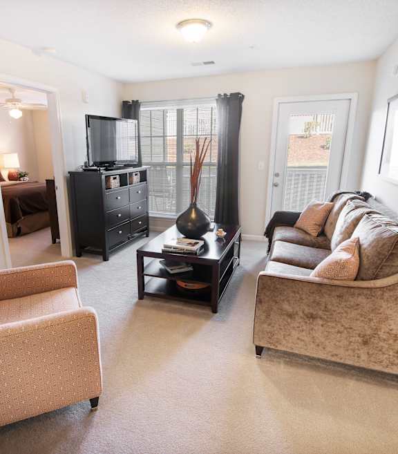 A living room with a couch, chair, and television.
