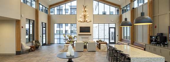 a rendering of the courtyard of a new apartment complex at Timber Club, Missouri