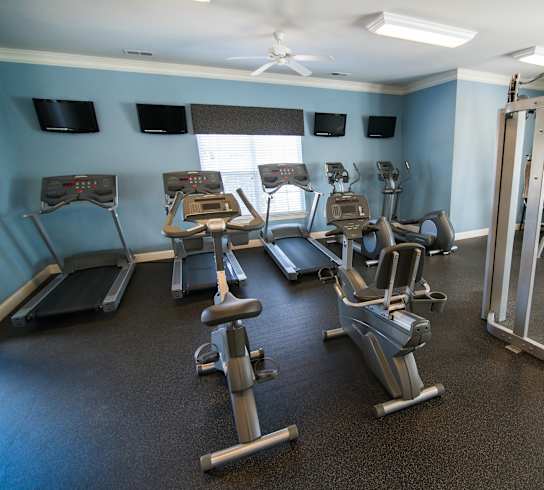 A gym with a variety of equipment including treadmills, elliptical machines, and weight machines.