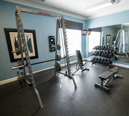 A gym with a variety of equipment including weights and a bench.