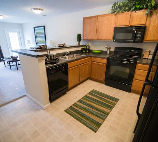 A kitchen with black appliances and wooden cabinets.
