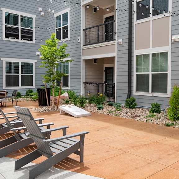 Outdoor space with chairs at Watermark at Harvest Junction, Colorado