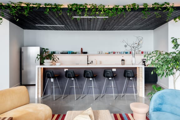a kitchen with a bar with black bar stools