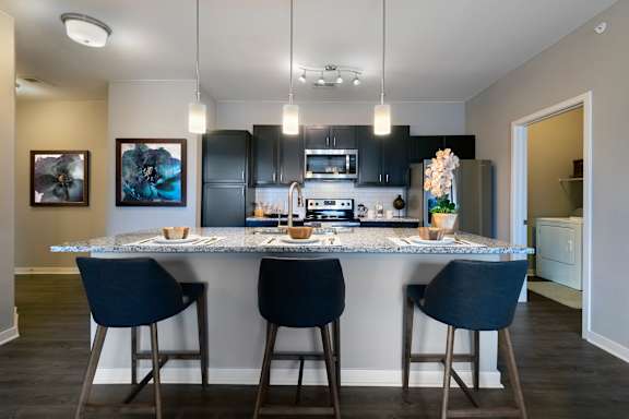 a kitchen with black cabinets and a marble counter top at Watermark at Harvest Junction, Colorado