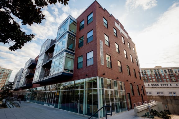 Red Brick Building Exterior at The Locks Apartments, Richmond, 23219