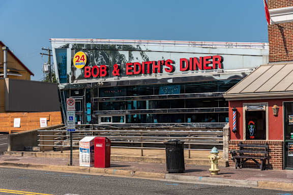 A Bob and Edith's Diner sign is displayed on a building.