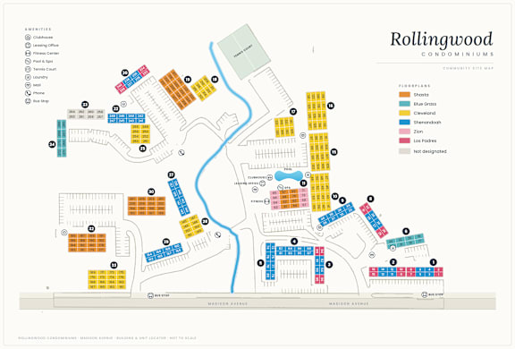 A map of a residential area with different colored sections representing different types of homes.