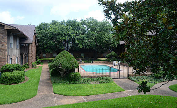 A pool is surrounded by a fence and greenery.