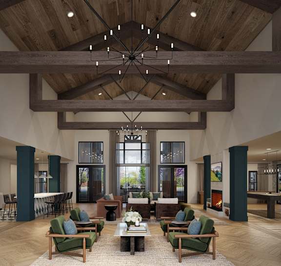 A large room with a wooden ceiling and a chandelier hanging from it.