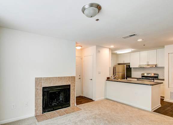 A living room with a fireplace and a kitchen area in the background.