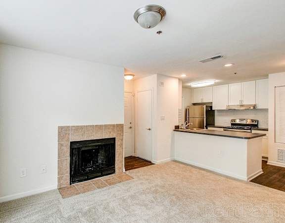 a living room with a fireplace and a kitchen