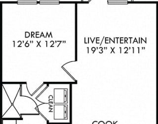 The Warnell. 1 bedroom apartment. Kitchen with island open to living room. 1 full bathroom. Walk-in closet. Patio/balcony.