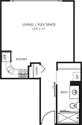 Cary studio floorplan with kitchen that opens to living and flex space. 1 bath with standalone shower and closet space.