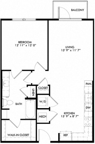 The Echo with 1 bedroom, 1 bath. Kitchen with L shaped countertops open to Living room area