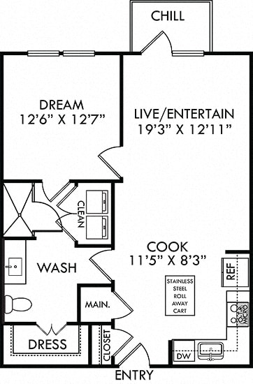 The Warnell. 1 bedroom apartment. Kitchen with island open to living room. 1 full bathroom. Walk-in closet. Patio/balcony.