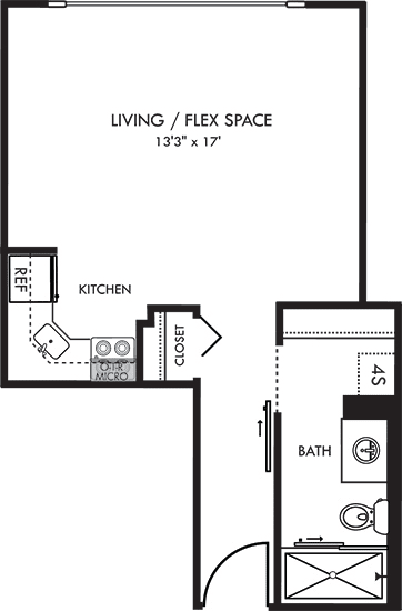 Cary studio floorplan with kitchen that opens to living and flex space. 1 bath with standalone shower and closet space.