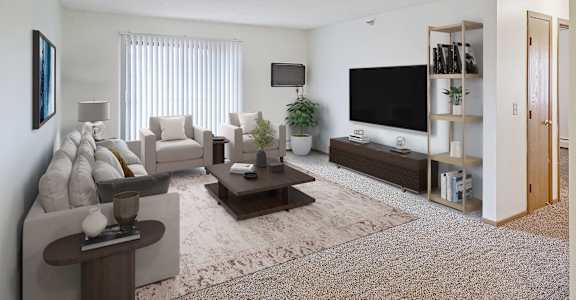 A living room with a white couch, a brown coffee table, and a flat screen TV.
