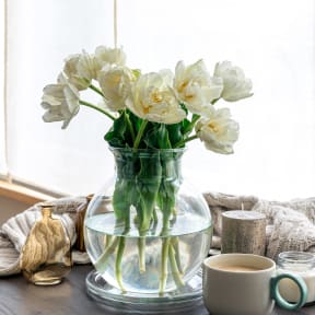 A vase filled with white flowers sitting on a table, adding a touch of freshness to the space.