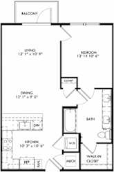 The Delta floorplan with 1 Bedroom, 1 Bath. Kitchen with Pantry and peninsula Island and Bar Area. Open to Dining and Living room area.