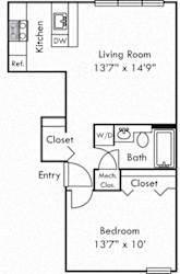 Elm. 1 bedroom apartment. Kitchen with bartop open to living room. 1 full bathroom. closet.