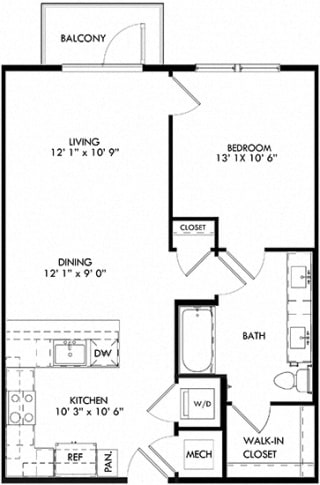 The Delta The Delta floorplan with 1 Bedroom, 1 Bath. Kitchen with Pantry and peninsula Island and Bar Area. Open to Dining and Living room area.