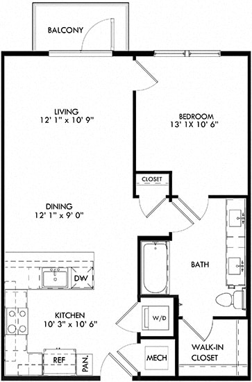 The Delta floorplan with 1 Bedroom, 1 Bath. Kitchen with Pantry and peninsula Island and Bar Area. Open to Dining and Living room area.
