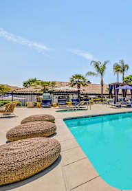 A large swimming pool surrounded by palm trees and lounge chairs.