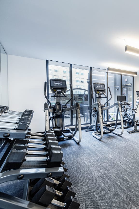 a gym with cardio machines and other fitness equipment