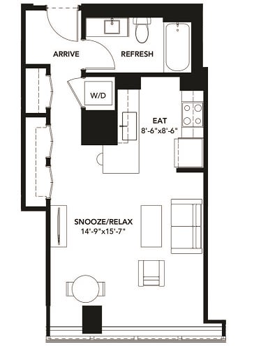 Studio 1 Bath Floor Plan with 540 Sq. Ft. at The Elle Apartments, Chicago, Illinois