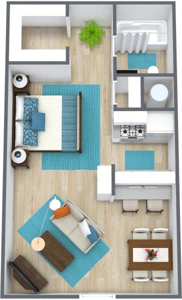 Three dimensional rendering of a studio apartment  at Bennett Ridge Apartments, Oklahoma City, Oklahoma