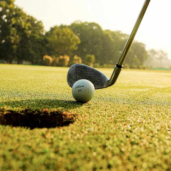 A golf ball is on the green with a club in the background.