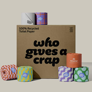 A box of Who Gives a Crap toilet paper with four rolls of toilet paper in different colors in front of it.