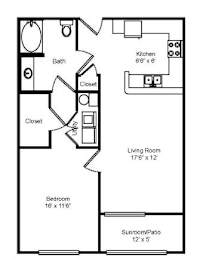A black and white image of a floor plan for a one bedroom apartment.