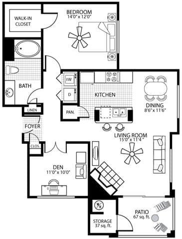 Floor Plan  975 square Feet, 1 bedroom 1 bath, A4 D Floorplan