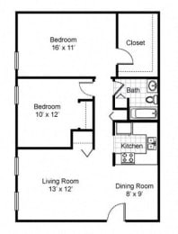 2 Bedroom 1 Bath 2D Floorplan Style B2-Preservation Square, St. Louis, MO
