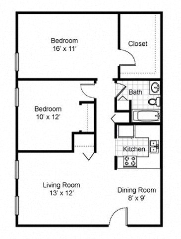 2 Bedroom 1 Bath 2D Floorplan Style B2-Preservation Square, St. Louis, MO