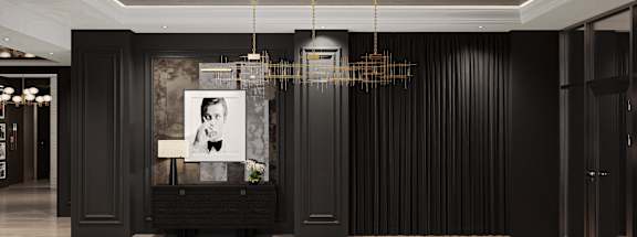 a room with black walls and a picture on the wall and a chandelier at Chateau on Wells, Chicago, Illinois