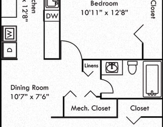 The Willow. 1 bedroom apartment. Kitchen. living/dinning rooms. 1 full bathroom. closet.