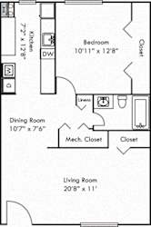 The Willow. 1 bedroom apartment. Kitchen. living/dinning rooms. 1 full bathroom. closet.