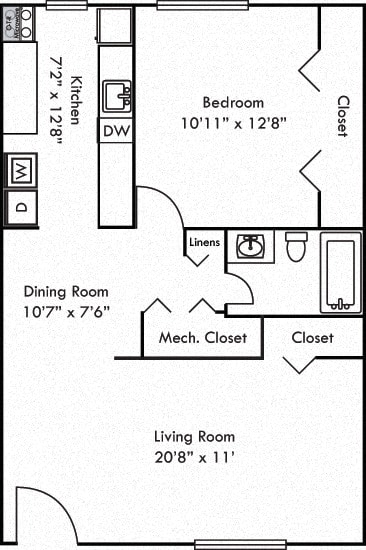 The Willow. 1 bedroom apartment. Kitchen. living/dinning rooms. 1 full bathroom. closet.