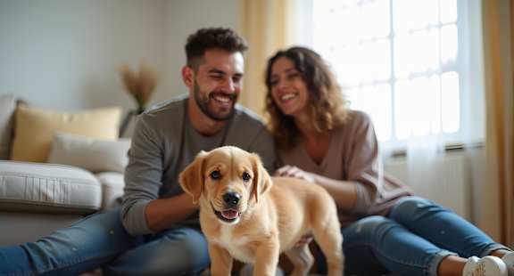 A man and woman sitting on the floor with a puppy.