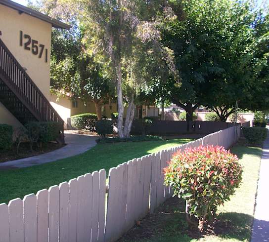 A white picket fence in front of a house with a tree and bushes.