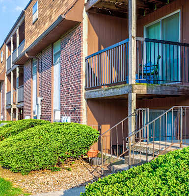 A row of apartment buildings with balconies and green bushes in front.