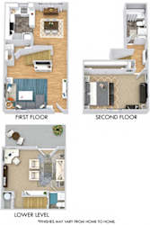 Asbury 3D. 1 bedroom townhouse with den. Kitchen with bartop open to dinning room. 1 full bathroom + 2 powder rooms. Patio/balcony.