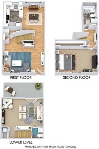 Asbury 3D. 1 bedroom townhouse with den. Kitchen with bartop open to dinning room. 1 full bathroom &#x2B; 2 powder rooms. Patio/balcony.