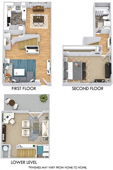 Asbury 3D. 1 bedroom townhouse with den. Kitchen with bartop open to dinning room. 1 full bathroom + 2 powder rooms. Patio/balcony.