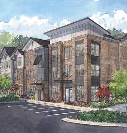 A watercolor painting of a building with a parking lot in front.