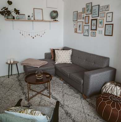 a living room with a couch and a coffee table