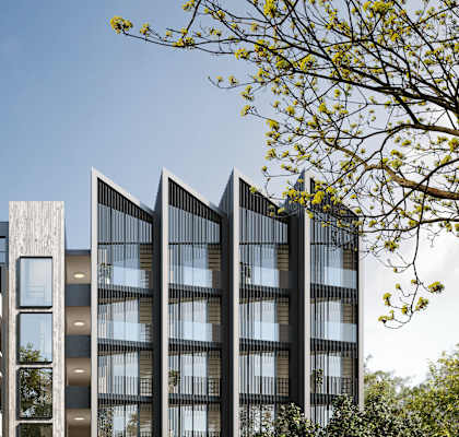 a rendering of a tall building with a street in front of it