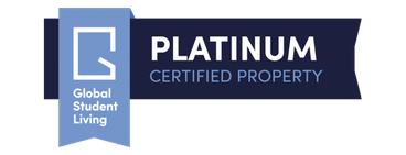 A blue ribbon banner with the words "PLATINUM CERTIFIED PROPERTY" and "Global Student Living".